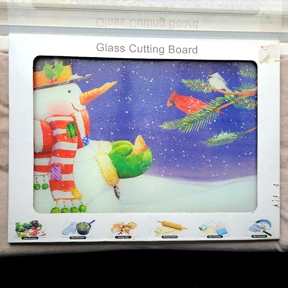 NIB Large Glass Cutting Board with Snowman and Cardinal - Picture 1 of 2